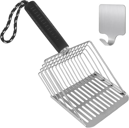 Cat Litter Scoop, Solid and Durable Kitty Metal Scooper, Stainless Steel Sifter, Heavy Duty, for Litter Box, Black Rubber Handle, Included Stainless Steel Hook