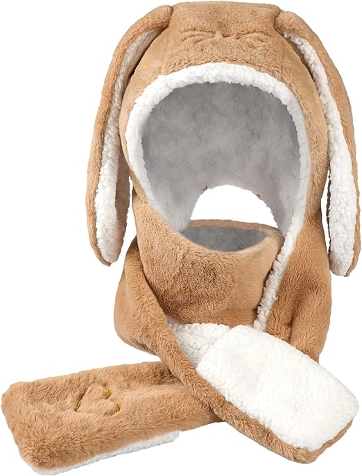 Women Girls Lovely Cartoon Animal Ears Hat Scarf Gloves 3-in-1 Set Plush Winter Warm Hoodie Hat with Scarf Pocket Mitts