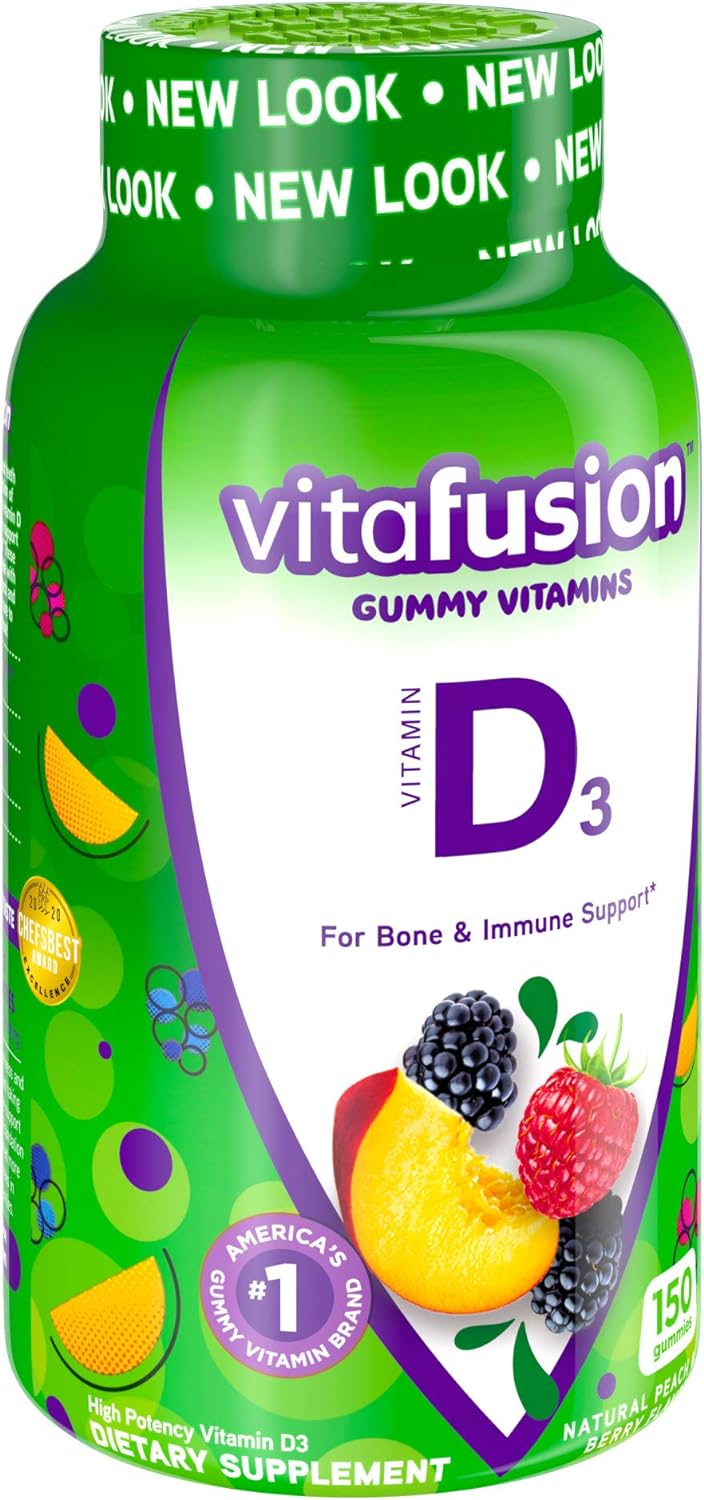 Vitafusion Vitamin D3 Gummy Vitamins for Bone and Immune System Support, Peach, Blackberry and Strawberry Flavored, 50 mcg Vitamin D, America’s Number 1 Gummy Vitamin Brand, 75 Day Supply, 150 Count