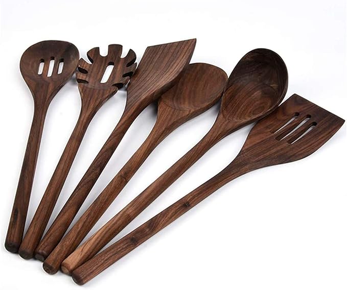 6 PCS Wooden Kitchen Utensils Set, Black Walnut Wood Long Handle Spoons and Spatula Set for Cooking, Heat Resistant Non-Stick Cookware