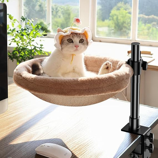 Cat Desk Bed, Cat Hammock for Home Office, 360å¡Rotating & Adjustable Shelf, Removable Comfortable Soft Pet Nest Bed, Modern Unique Kitten Furniture Attachment for Game Tables, Brown
