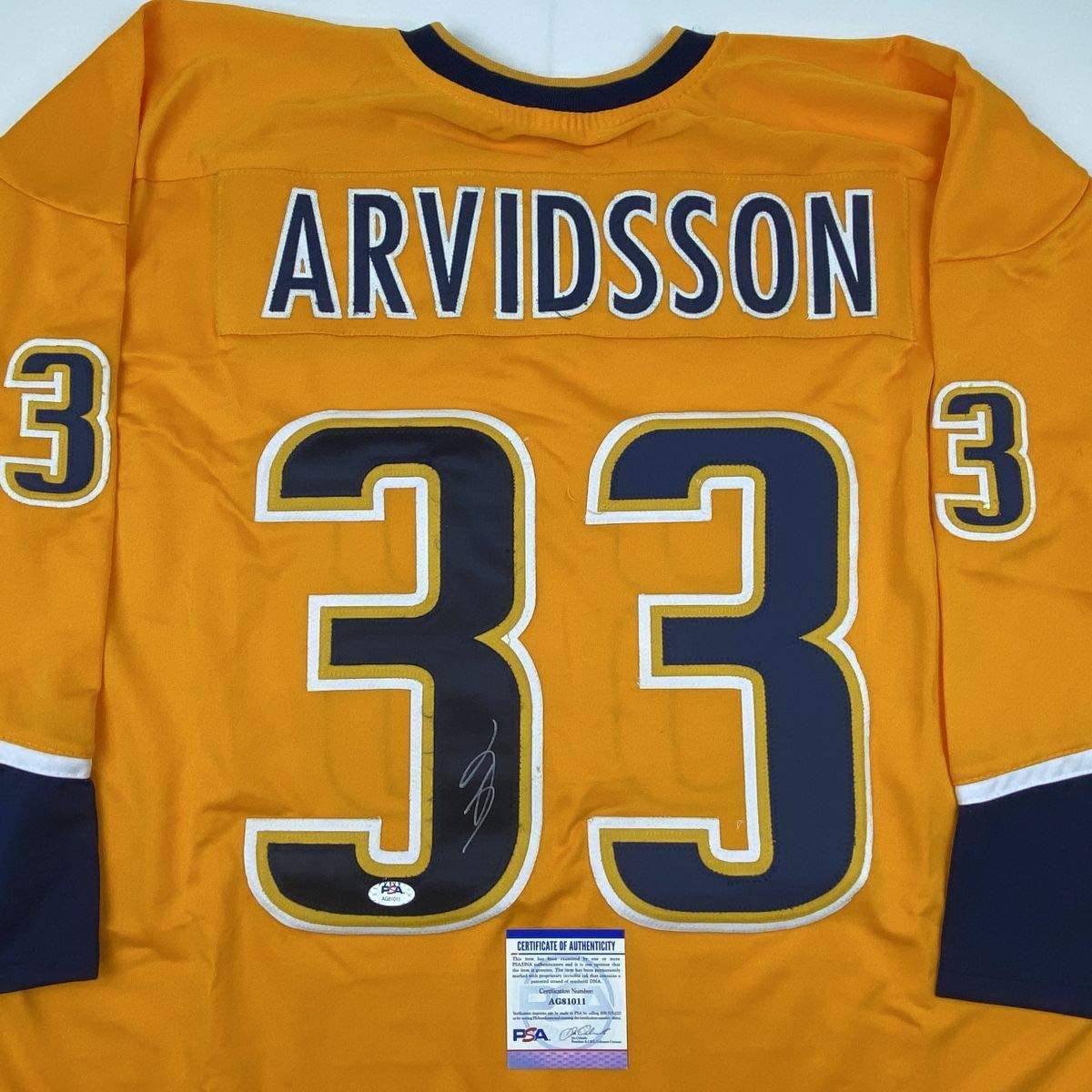Autographed/Signed Viktor Arvidsson Nashville Yellow Hockey Jersey PSA/DNA COA
