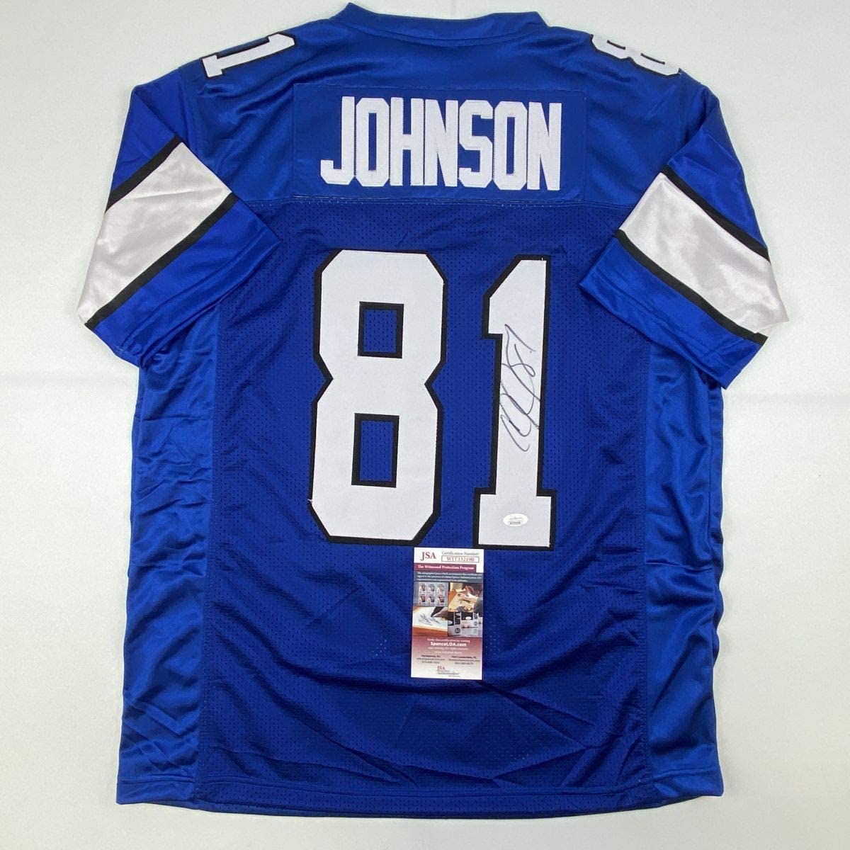 Autographed/Signed Calvin Johnson Detroit Royal Blue Football Jersey JSA COA