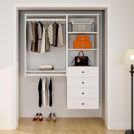 55In Closet System, Built-In Storage System Closet System with Drawers, White Closet Storage Systems for Walk In Closets Wardrobe with Closet shelves, 55" L x 17" W x 71" H