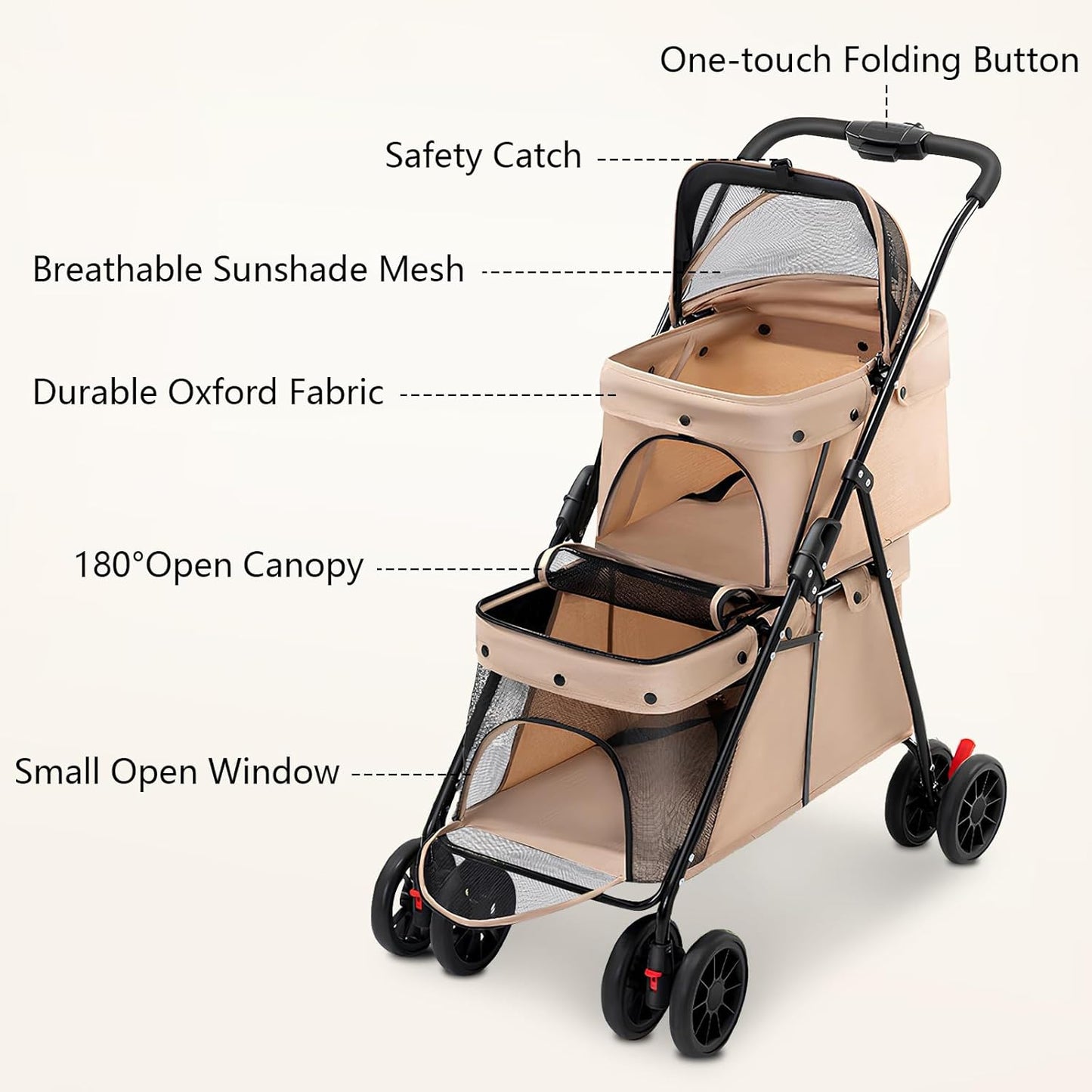 Double Pet Stroller + Foldable Beige Linen Breathable Design