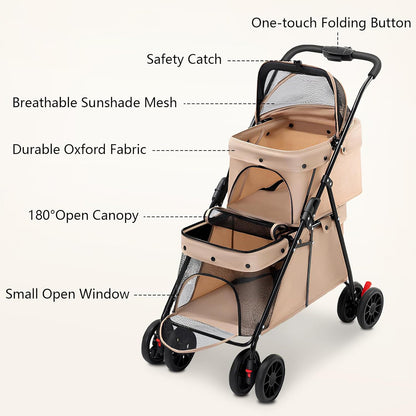 Double Pet Stroller + Foldable Beige Linen Breathable Design