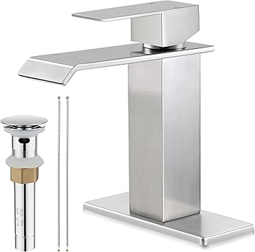 Herogo Brushed Nickel Waterfall Bathroom Faucet for Sink 3 Hole, Stainless Steel Vanity Sink Faucet, Rv Bathroom Tap with 1 Handle, Pop Up Drain, Deck Plate and Supply Hose