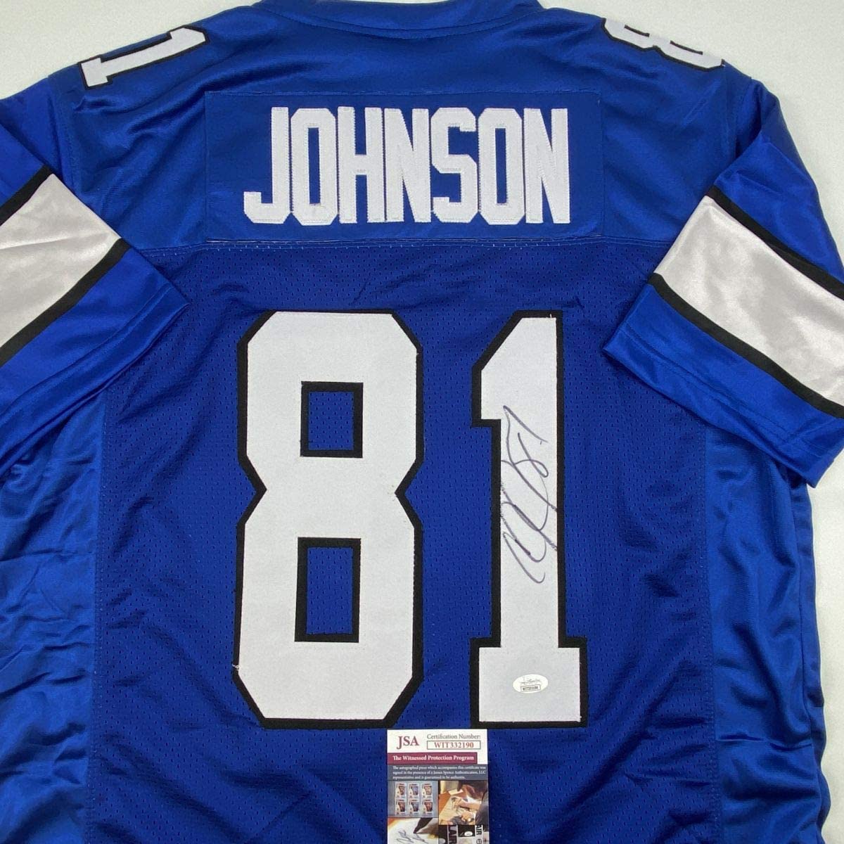Autographed/Signed Calvin Johnson Detroit Royal Blue Football Jersey JSA COA