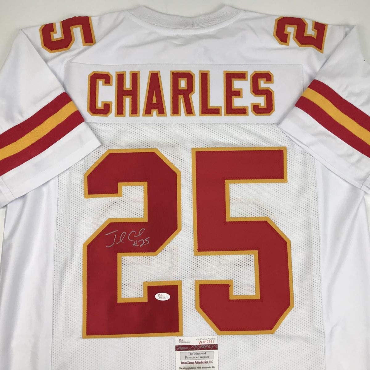 Autographed/Signed Jamaal Charles Kansas City White Football Jersey JSA COA