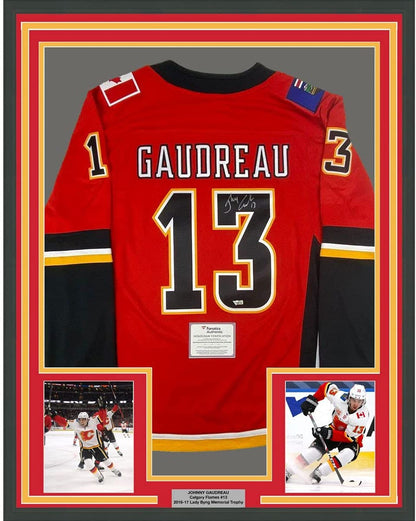 Framed Autographed/Signed Johnny Gaudreau 35x39 Calgary Flames Red Hockey Jersey Fanatics COA