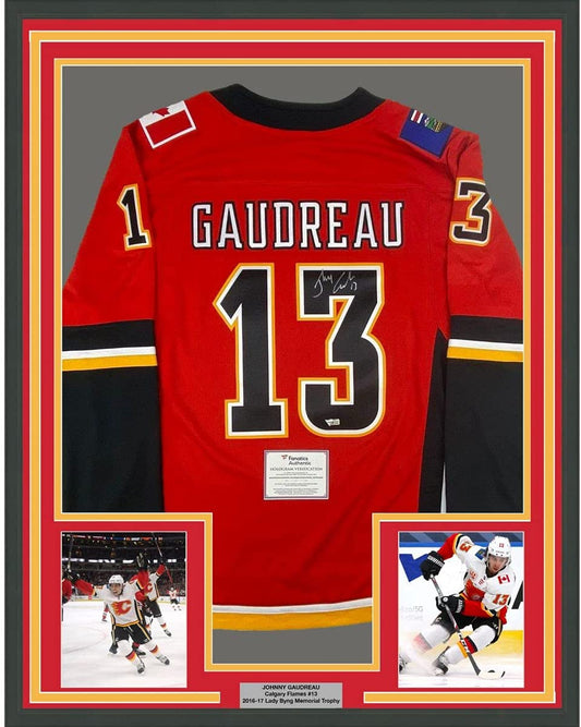 Framed Autographed/Signed Johnny Gaudreau 35x39 Calgary Flames Red Hockey Jersey Fanatics COA