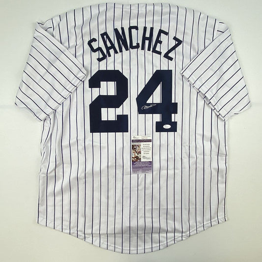 Autographed/Signed Gary Sanchez New York Pinstripe Baseball Jersey JSA COA