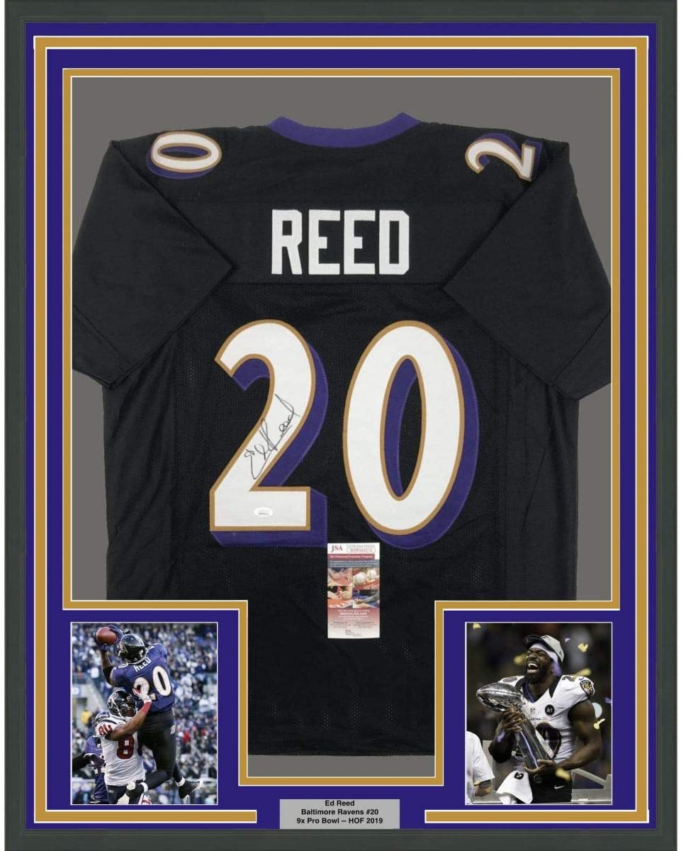 Framed Autographed/Signed Ed Reed 35x39 Baltimore Black Football Jersey JSA COA