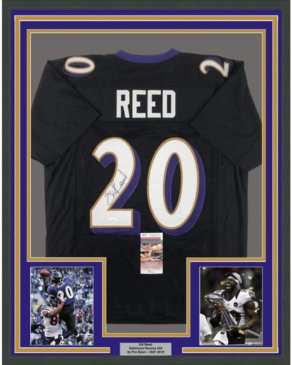 Framed Autographed/Signed Ed Reed 35x39 Baltimore Black Football Jersey JSA COA