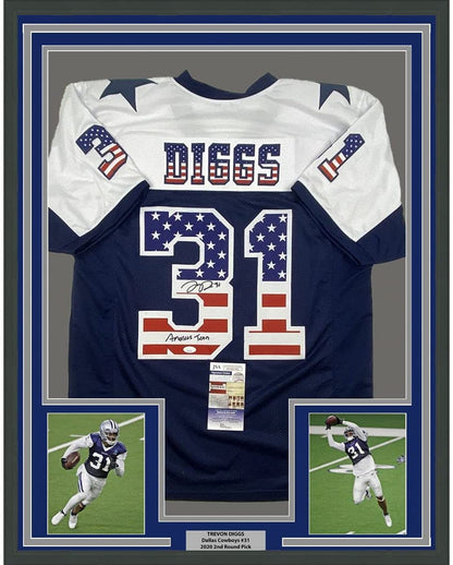 Framed Autographed/Signed Trevon Diggs 35x39 America's Team Dallas Blue Football Jersey JSA COA