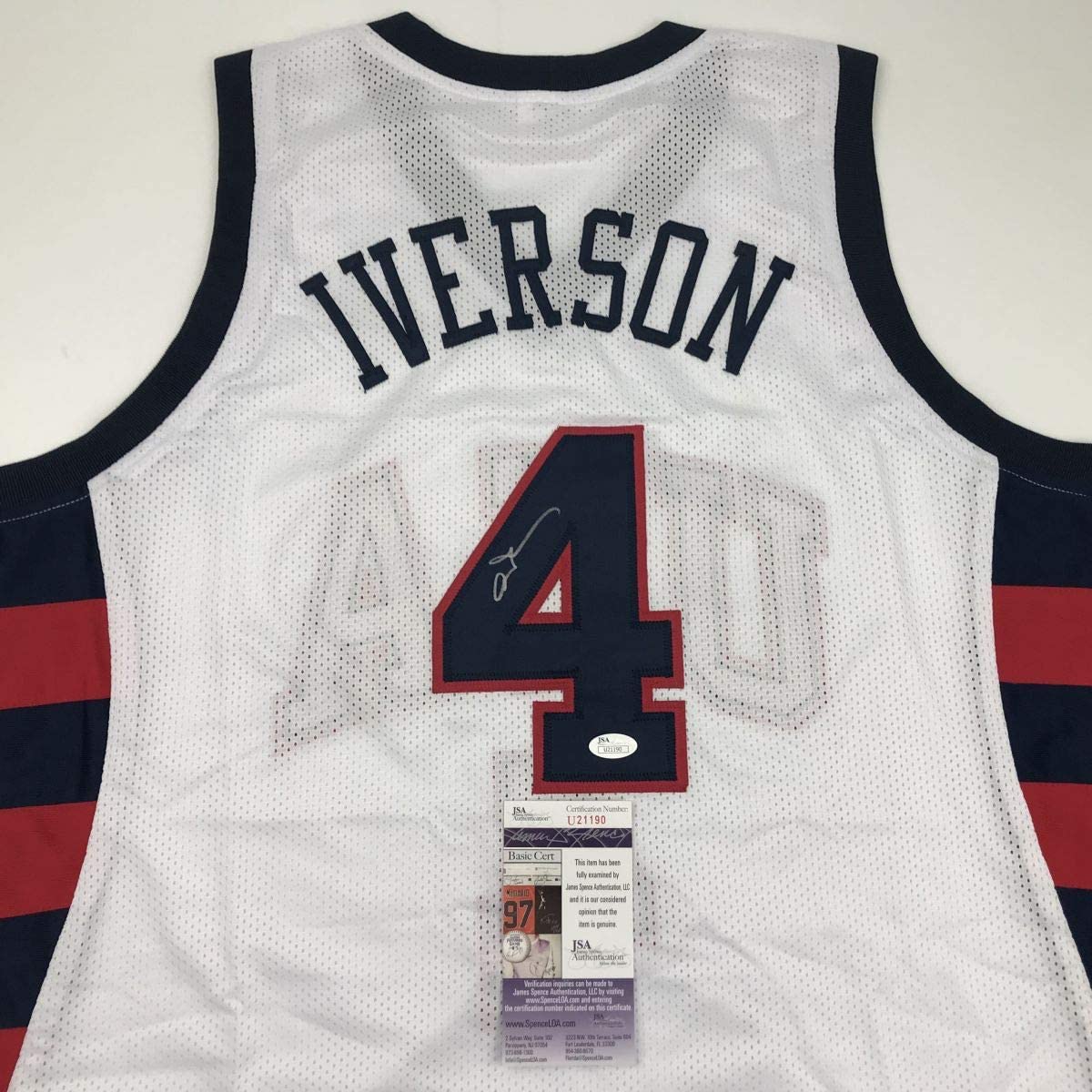 Autographed/Signed Allen Iverson United States USA White Olympics Basketball Jersey JSA COA