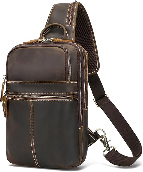 LANNSYNE Genuine Leather Sling Bag For Men, Vintage Crossbody Shoulder Chest Daypack Fits 11" iPad