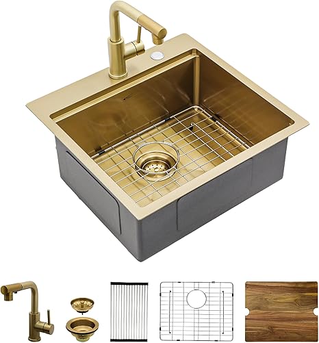 21 Inch Gold Bar Sink Drop In Indoor Outdoor Kitchen Sink With Faucet Workstation 16 Gauge Stainless Steel Single Bowl Small Sinks With Pull-out Faucet 21"x20"x9"