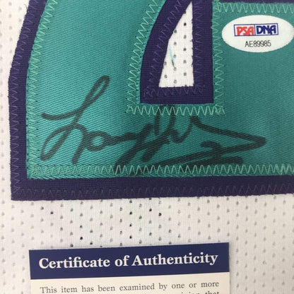 Framed Autographed/Signed Larry Johnson 35x39 Charlotte White Basketball Jersey PSA/DNA COA