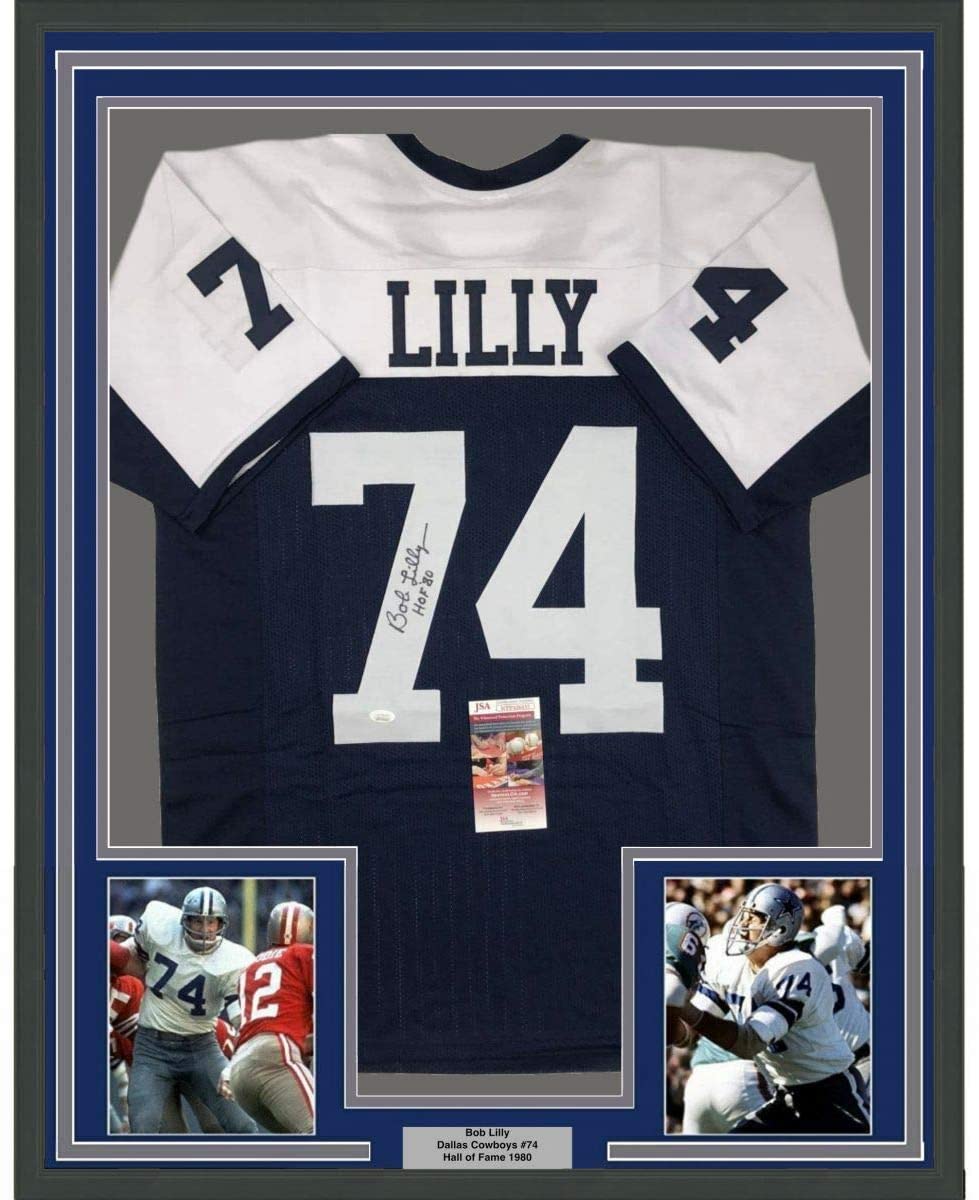 Framed Autographed/Signed Bob Lilly HOF 80 35x39 Dallas Thanksgiving Day Football Jersey JSA COA