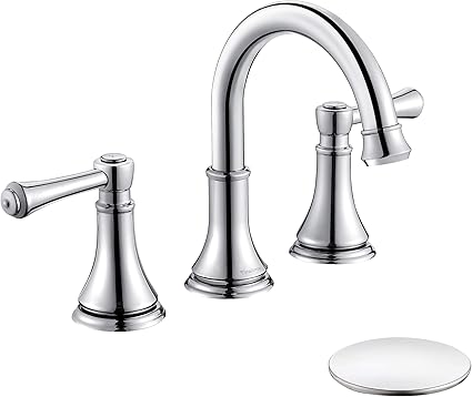 Chrome Two Handle 8 inch Widespread Bathroom Sink Faucet 3 Holes with Pop-Up Drain, High Arc Modern Bathroom Vanity Faucet with Brass 360Îç Swivel Spout, TAF830Y-CP