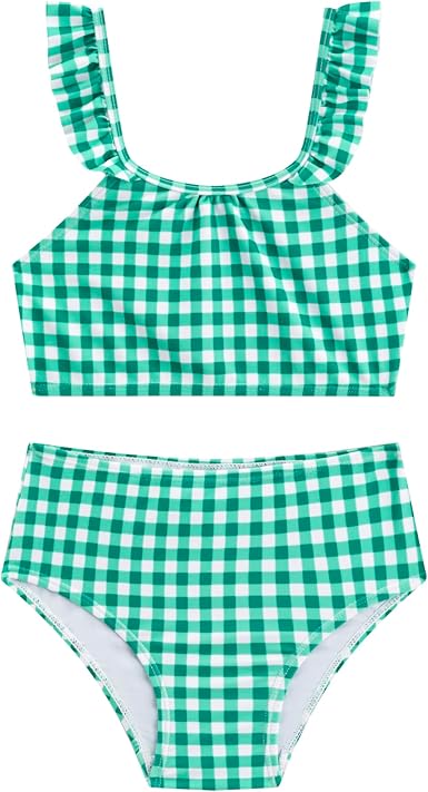 LIZENS Girls Two Piece Swimwear Green Checkered Tankini Set Cute Bathing Suits for Kids