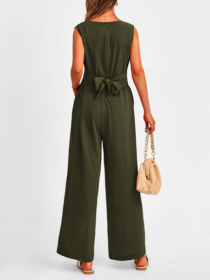 PRETTYGARDEN Summer Outfits 2024 Wide Leg Jumpsuits for Women Casual V Neck Sleeveless Belted High Waist Long Pants Rompers(Army Green,Small)