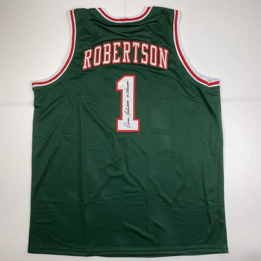 Autographed/Signed Oscar Robertson 71 Champs Milwaukee Green Basketball Jersey JSA COA