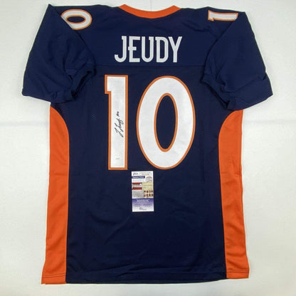 Autographed/Signed Jerry Jeudy Denver Blue Football Jersey JSA COA