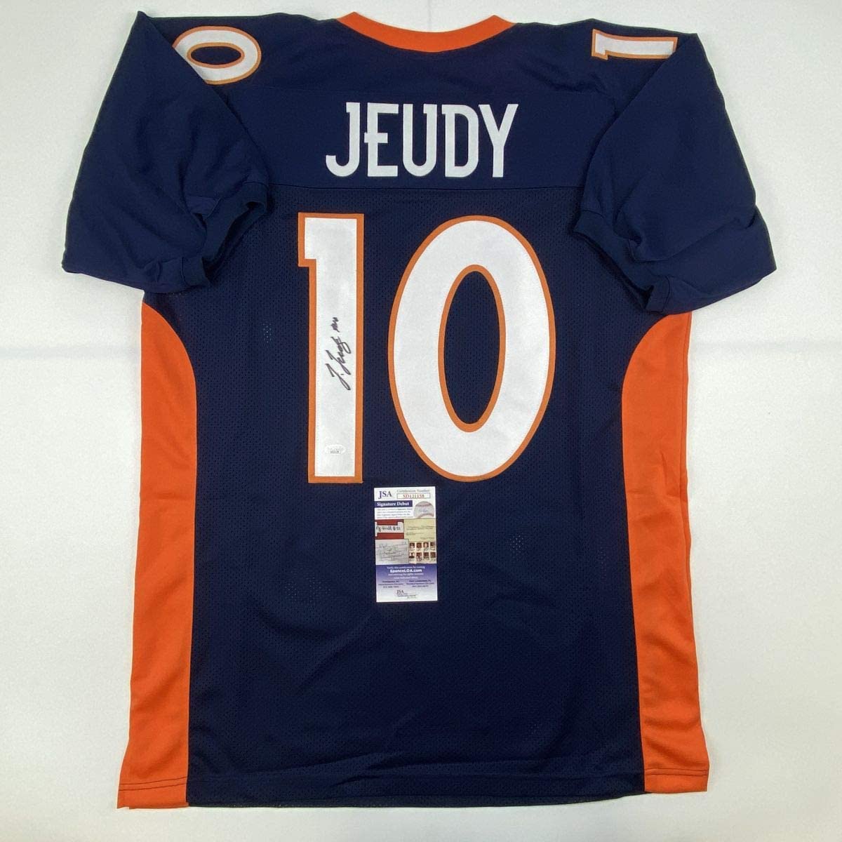 Autographed/Signed Jerry Jeudy Denver Blue Football Jersey JSA COA
