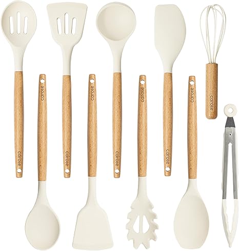 CAROTE Silicon Cooking Utensils Set for Kitchen, 446ÎçF Heat Resistant 10 pcs Non-Stick Cooking Set with Wooden Handle Spatula Turner Spoon Tongs Whisk
