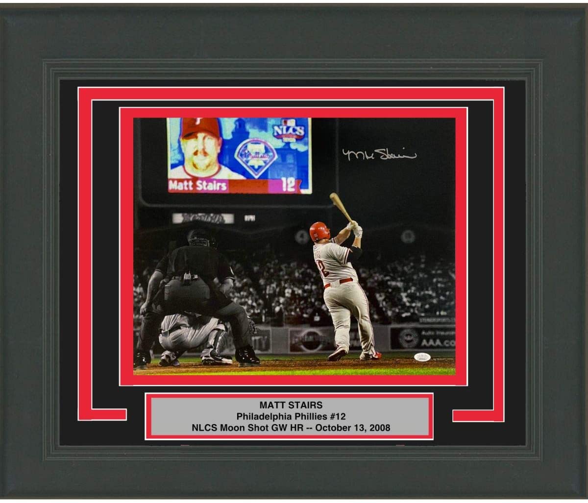 Framed Autographed/Signed Matt Stairs Moon Shot Philadelphia Phillies 16x20 Baseball Photo JSA COA