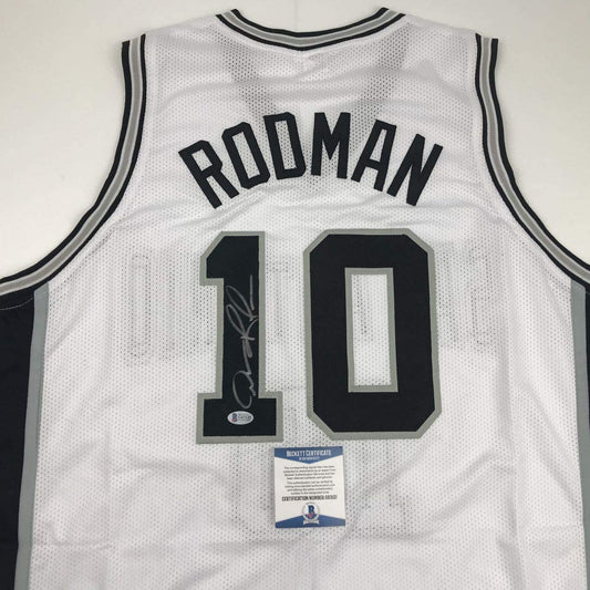 Autographed/Signed Dennis Rodman San Antonio White Basketball Jersey Beckett BAS COA