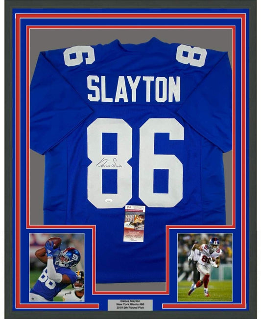 Framed Autographed/Signed Darius Slayton 35x39 New York Blue Football Jersey JSA COA