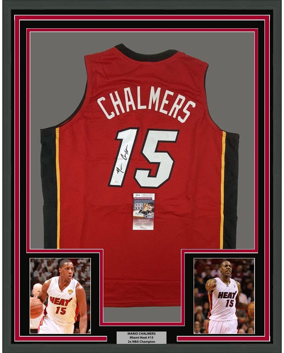 Framed Autographed/Signed Mario Chalmers 35x39 Miami Red Basketball Jersey JSA COA