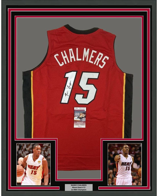 Framed Autographed/Signed Mario Chalmers 35x39 Miami Red Basketball Jersey JSA COA
