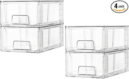 4 Pack Stackable Storage Drawers, Clear Acrylic Drawer Organizers with Handles, Easily Assemble for Fridge, Bathroom, Kitchen Undersink, Cabinet, Pantry Organization and Storage