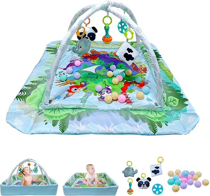 Baby Gym Play Mat, Baby Play Mat Activity Gym, with 5 Detachable Toys for Sensory Exploration and Motor Skill Development, Washable Baby Tummy Time Activity Mat, Toys for 0-3-6-9-12 Months Baby
