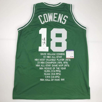 Autographed/Signed Dave Cowens Boston Green Stat Basketball Jersey PSA/DNA COA