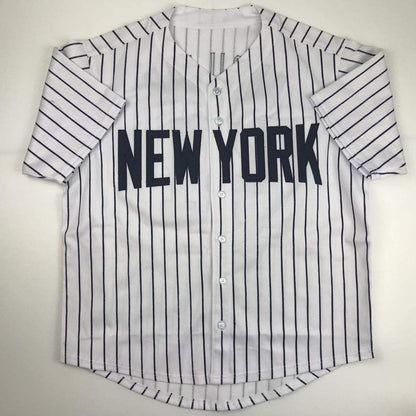 Autographed/Signed Miguel Andujar New York Pinstripe Baseball Jersey Beckett BAS COA