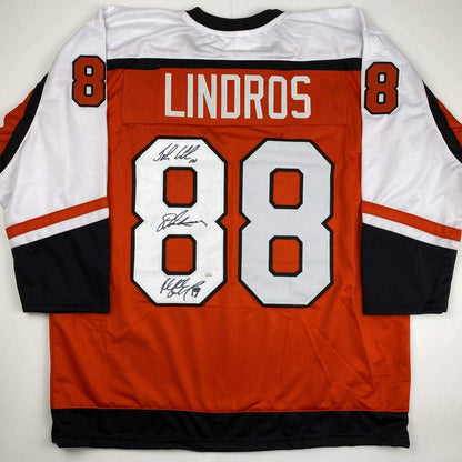 Autographed/Signed Legion of Doom Eric Lindros, John LeClair & Mikail Renberg Philadelphia Orange Hockey Jersey JSA COA