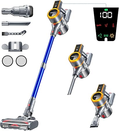 Cordless Vacuum Cleaner, 550W/45KPA 60Mins Runtime Vacuum Cleaners for Home with LED Display, Self-Standing Anti-Tangle Stick Vacuum Cleaner, 1.5L Dust Cup Vacuum for Pet Hair/Carpet/Hard Floors