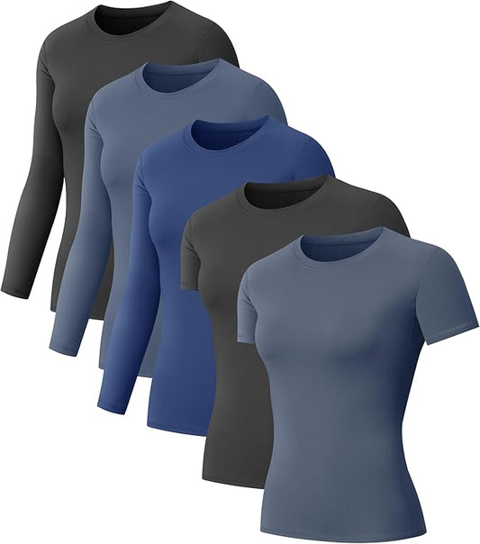 5-Pack Women's Compression Shirts Long & Short Sleeve Workout Tops Athletic Baselayer Quick Dry Gym Yoga Running T-Shirt