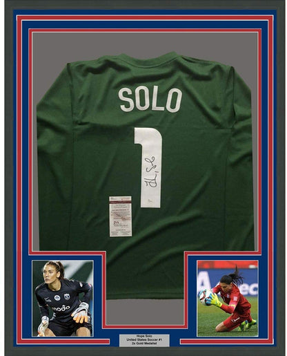 Framed Autographed/Signed Hope Solo 35x39 United States USA Green Soccer Jersey JSA COA