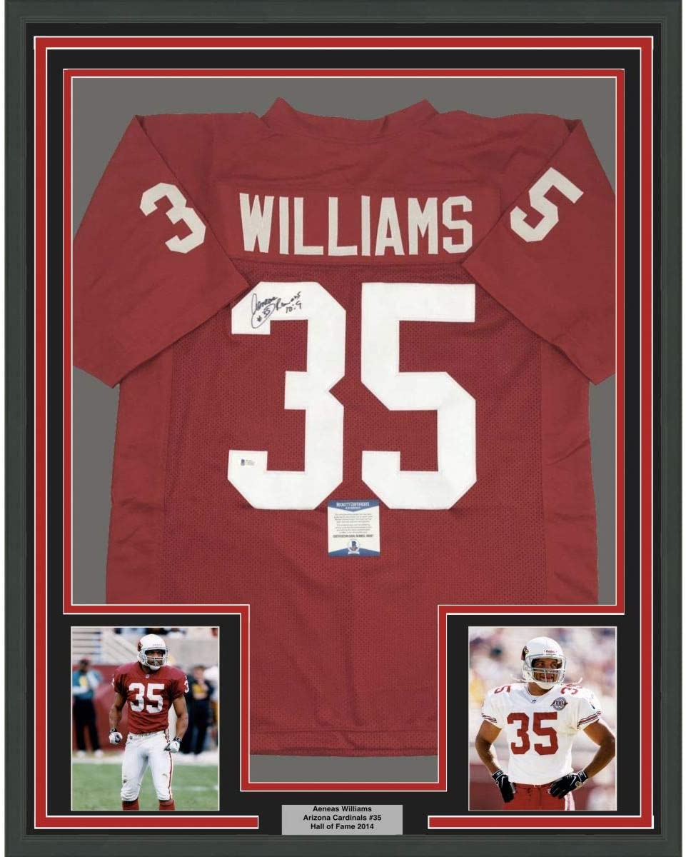 Framed Autographed/Signed Aeneas Williams 35x39 Arizona Red Football Jersey Beckett BAS COA