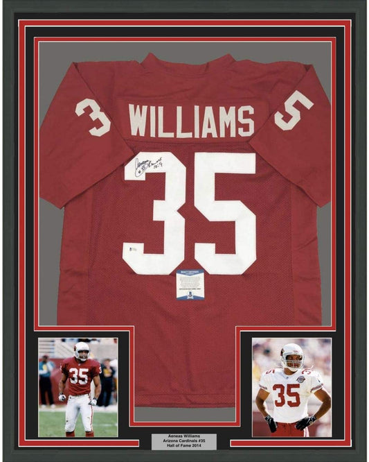 Framed Autographed/Signed Aeneas Williams 35x39 Arizona Red Football Jersey Beckett BAS COA