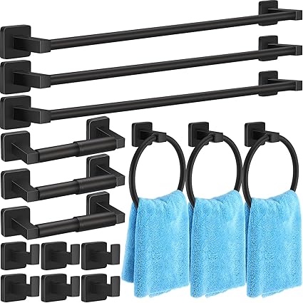 Gisafai 15 Pcs Matte Black Bathroom Hardware Set, Towel Bar Set Stainless Steel Wall Mounted, 23.6/16 Inches Hand Towel Bar, Ring, Robe Hooks, Toilet Paper Holder, Bathroom Rack(23.6")