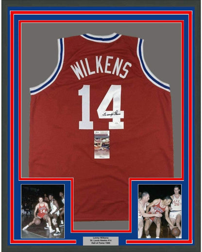Framed Autographed/Signed Lenny Wilkens 35x39 St. Louis Red Basketball Jersey JSA COA