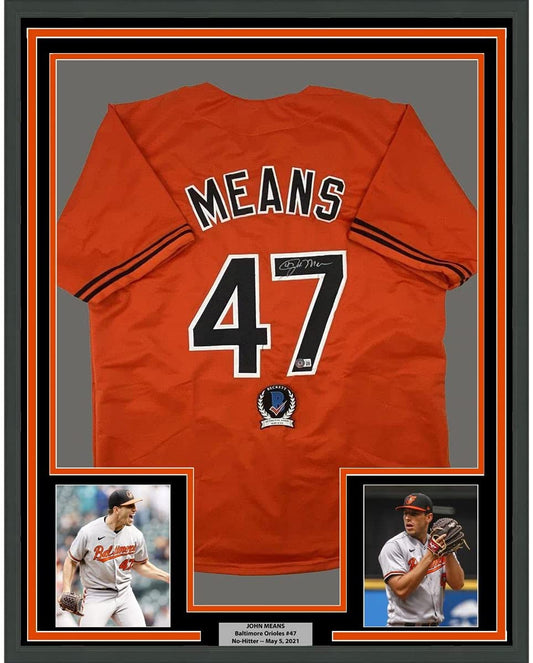 Framed Autographed/Signed John Means 35x39 Baltimore Orange Baseball Jersey Beckett BAS COA