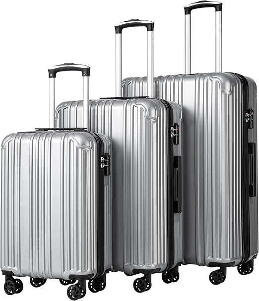 COOLIFE Luggage Expandable Suitcase PC+ABS 3 Piece Set with TSA Lock Spinner Carry on 20in24in28in (Sliver, 3 piece set)